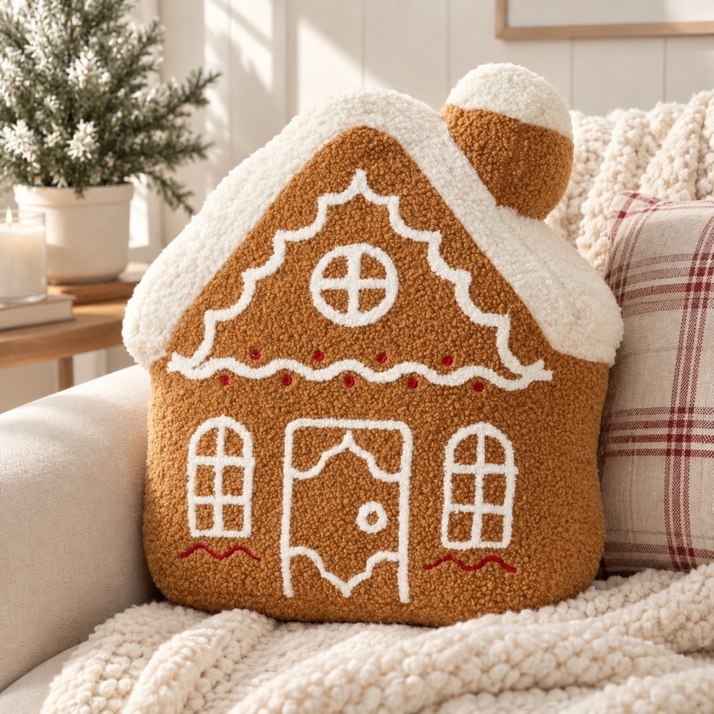 My Texas House Gingerbread House Boucle Decorative Holiday Pillow 16x14 Brown